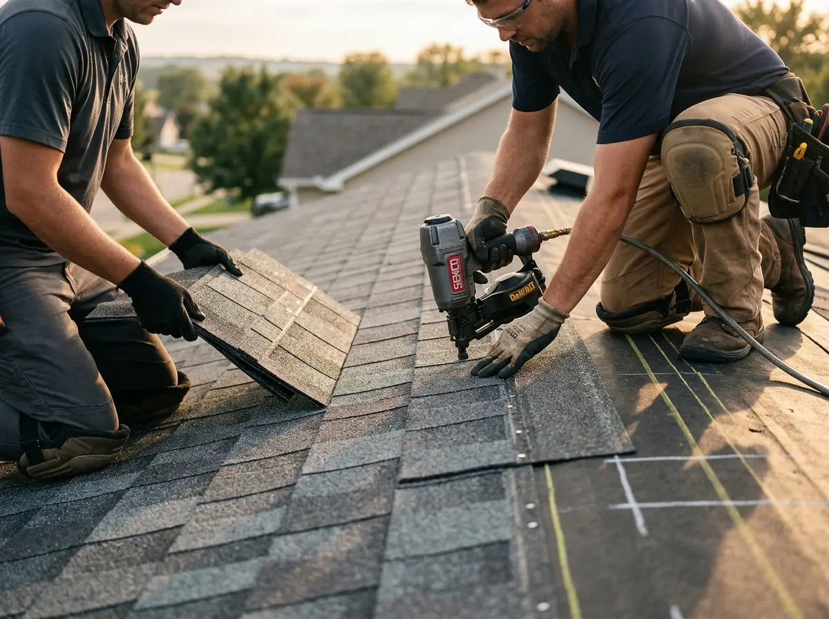 Professional roofer working on a residential roof in Brandermill